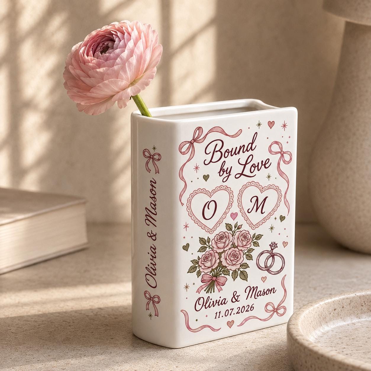 Personalized Wedding Book Vase – Custom Couple Name Ceramic Vase, Bound By Love Floral Bridal Shower Gift, Wedding Keepsake Decor - photo 4