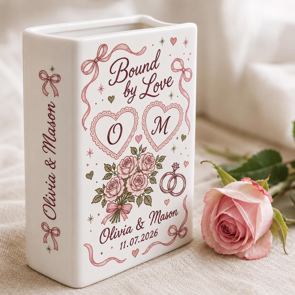 Personalized Wedding Book Vase – Custom Couple Name Ceramic Vase, Bound By Love Floral Bridal Shower Gift, Wedding Keepsake Decor - photo 6