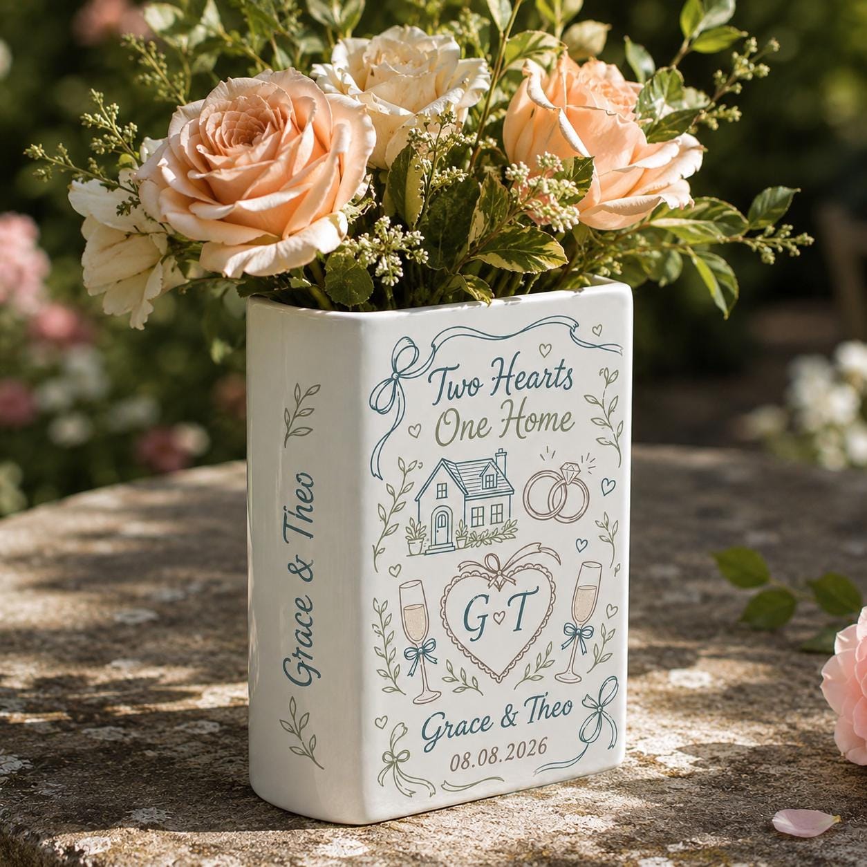 Personalized Wedding Book Vase – Custom Couple Name Ceramic Vase, Two Hearts One Home Bridal Shower Gift, Wedding Keepsake Decor