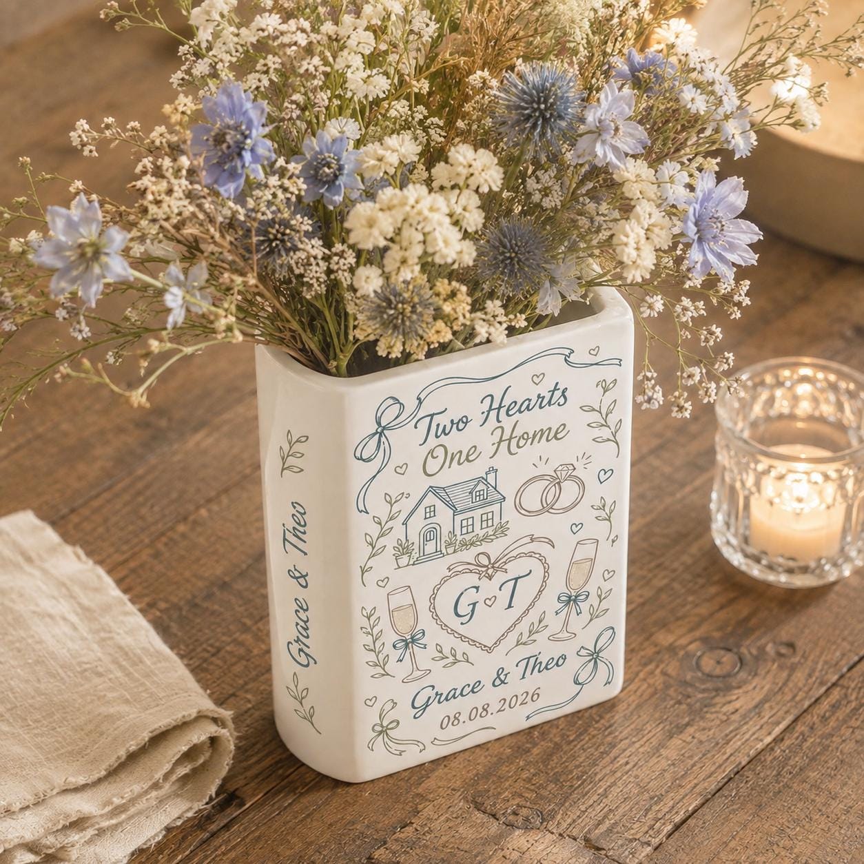 Personalized Wedding Book Vase – Custom Couple Name Ceramic Vase, Two Hearts One Home Bridal Shower Gift, Wedding Keepsake Decor - photo 2