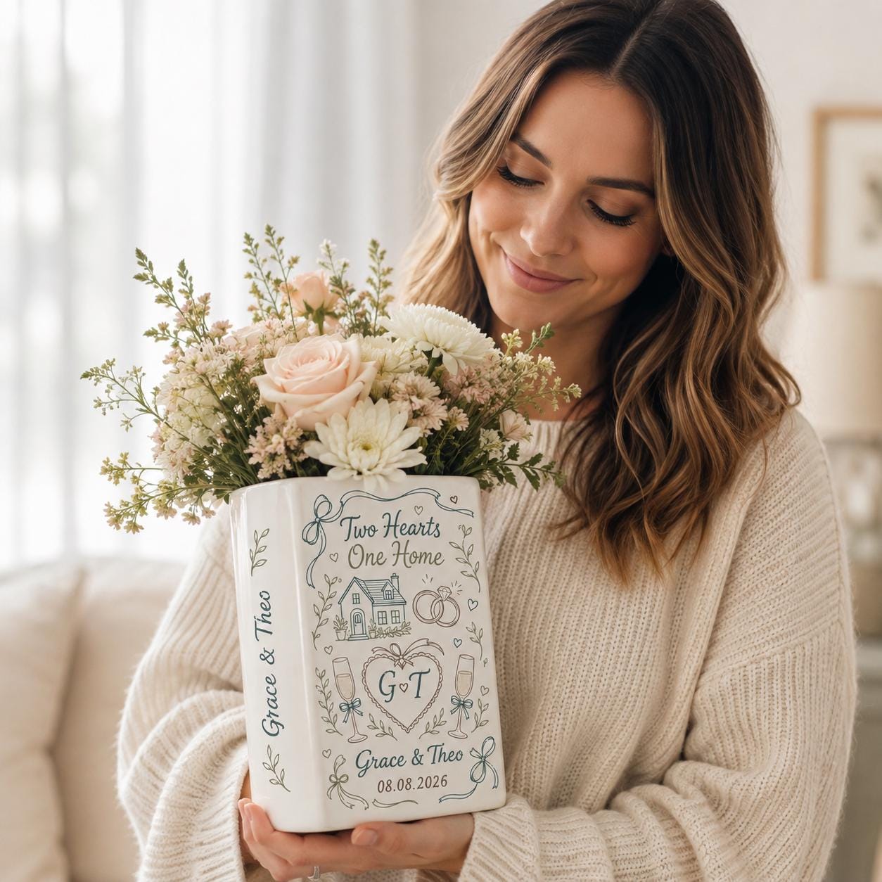 Personalized Wedding Book Vase – Custom Couple Name Ceramic Vase, Two Hearts One Home Bridal Shower Gift, Wedding Keepsake Decor - photo 3