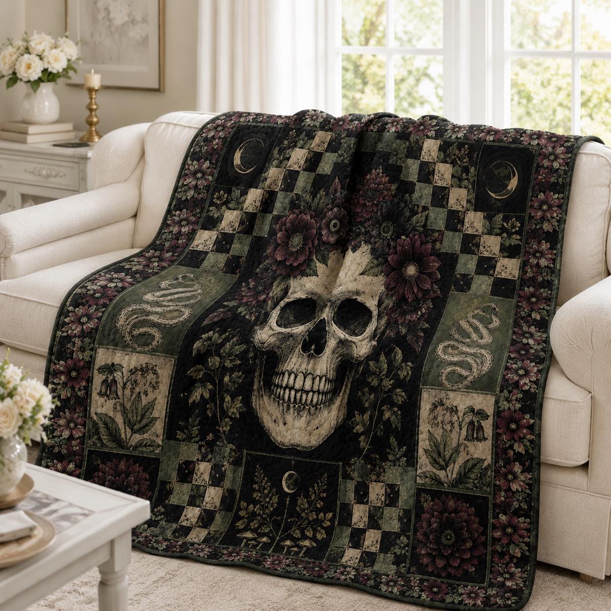 Gothic Skull Quilted Blanket – Dark Rose Patchwork Quilt and Raven Halloween Bedding for Witchy Gothic Home Decor