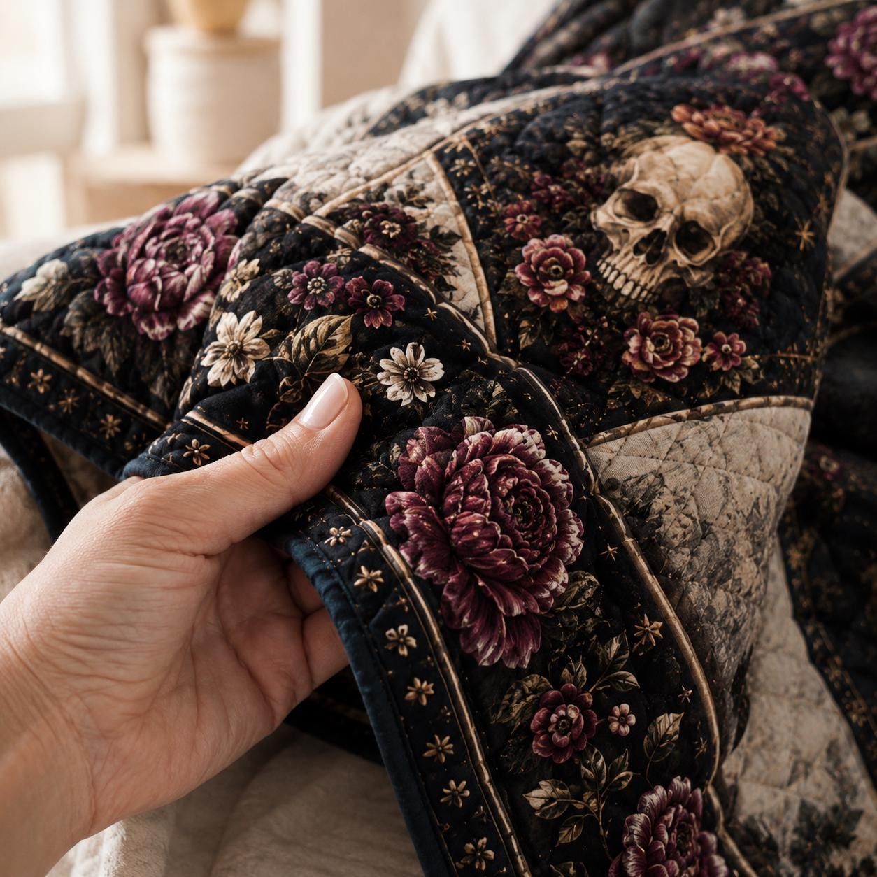 Gothic Skull Quilted Blanket – Dark Rose Patchwork Quilt and Raven Halloween Bedding for Witchy Gothic Home Decor - photo 2