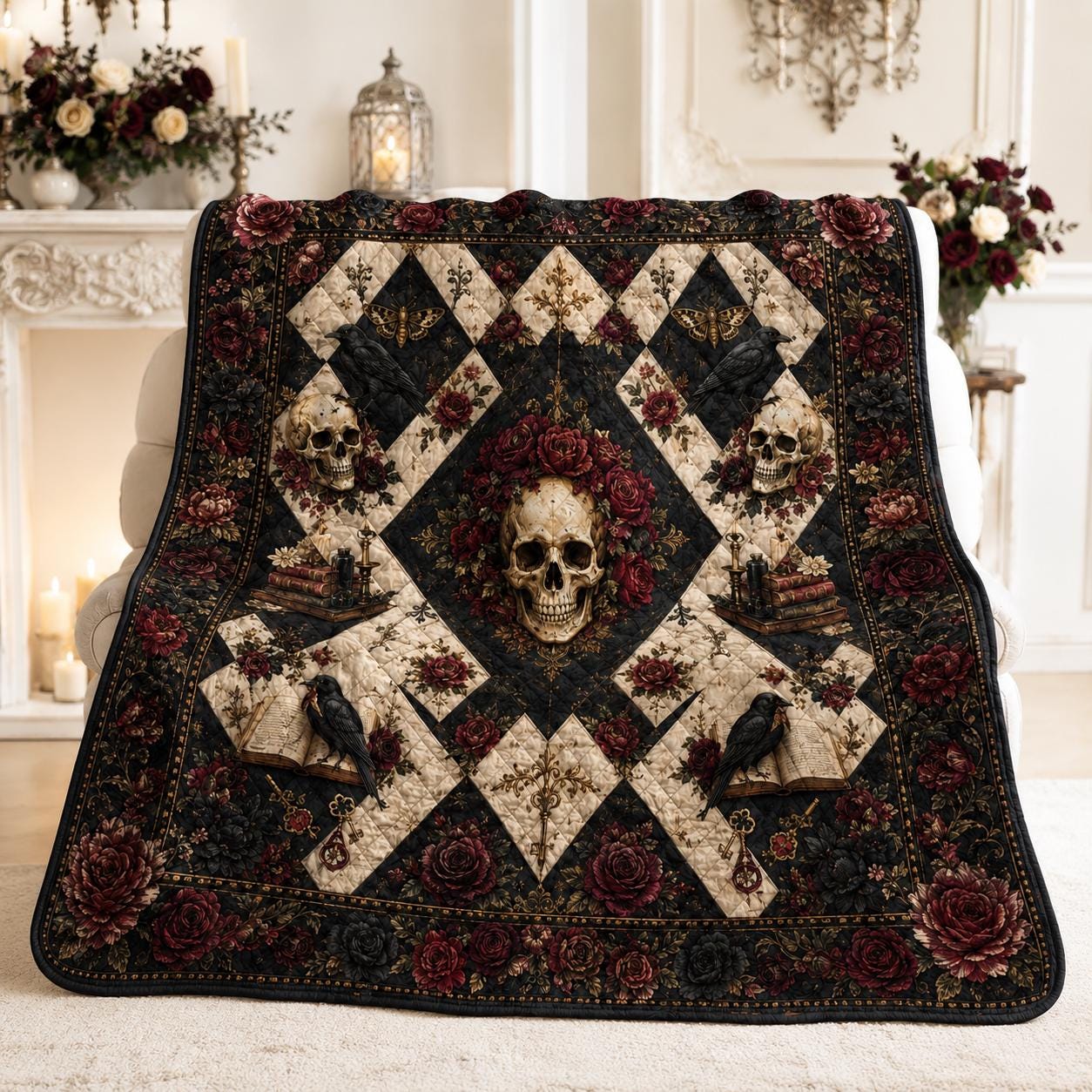 Gothic Skull Quilted Blanket – Dark Rose Patchwork Quilt and Raven Halloween Bedding for Witchy Gothic Home Decor - photo 3