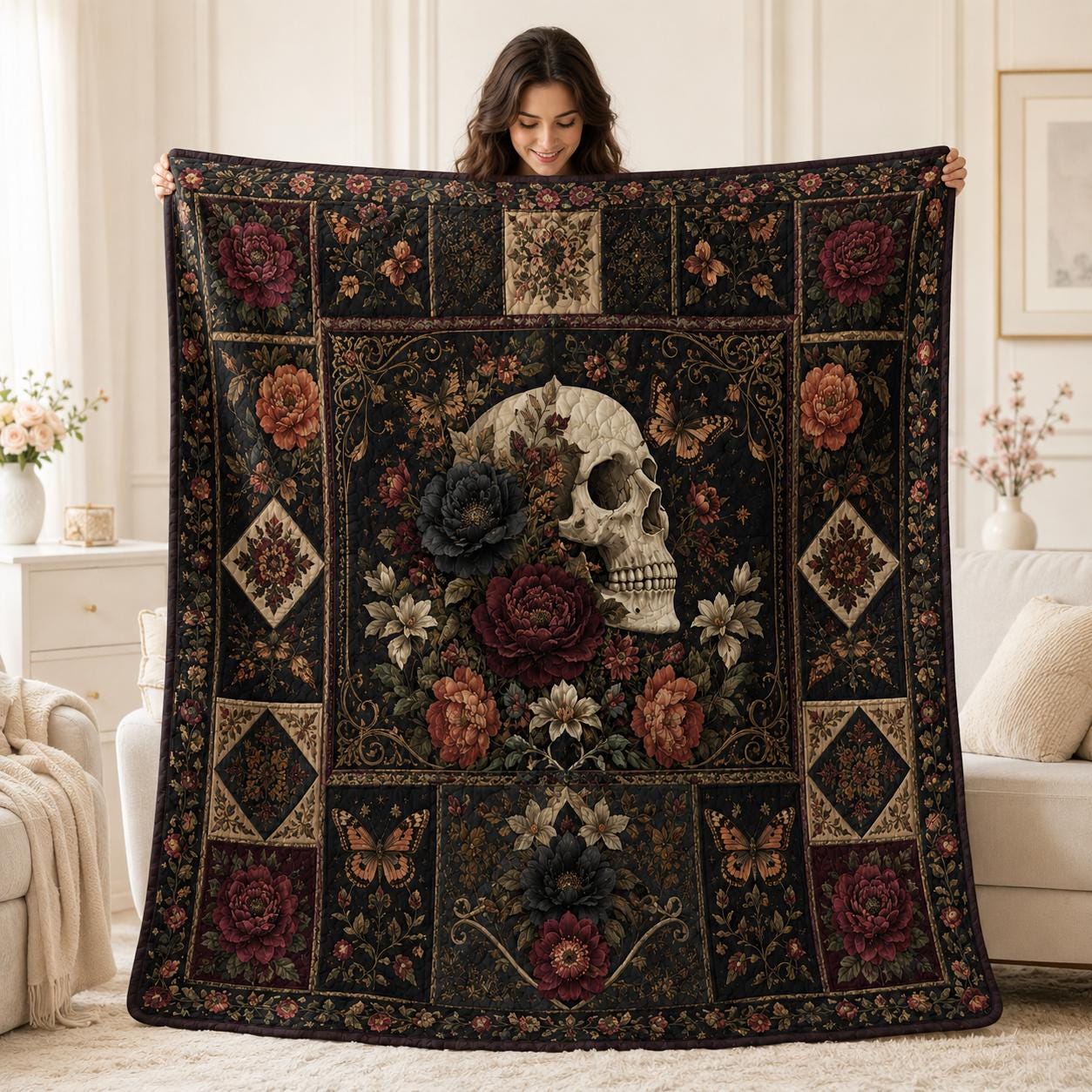 Gothic Skull Quilted Blanket – Dark Rose Patchwork Quilt and Raven Halloween Bedding for Witchy Gothic Home Decor - photo 4