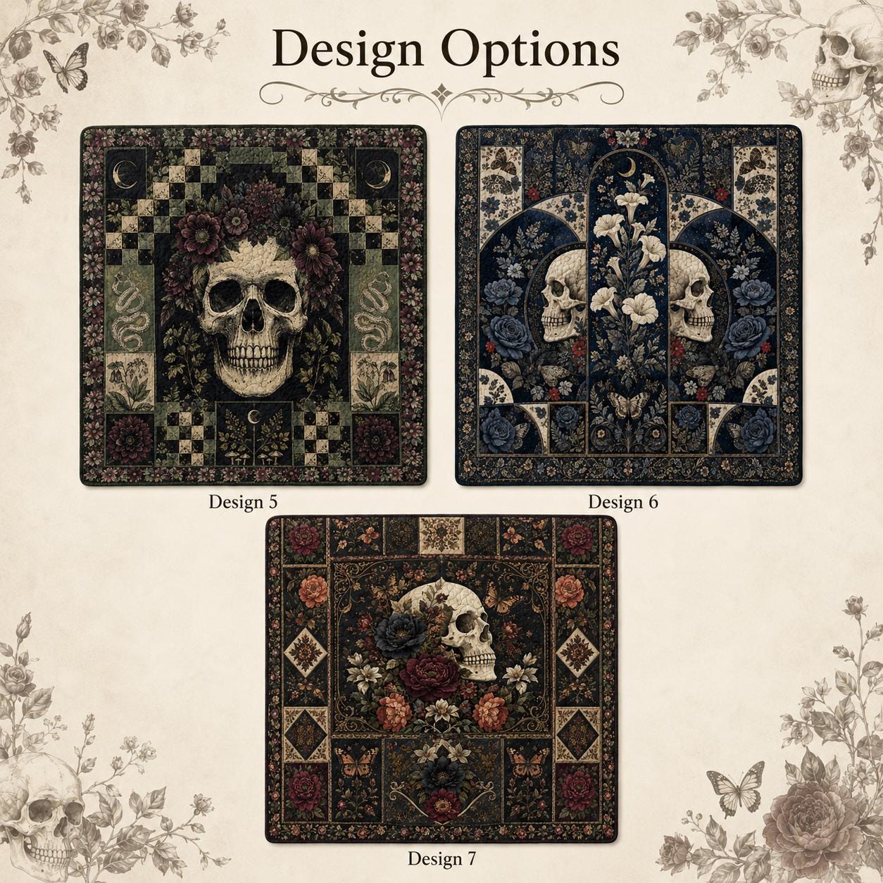 Gothic Skull Quilted Blanket – Dark Rose Patchwork Quilt and Raven Halloween Bedding for Witchy Gothic Home Decor - photo 5