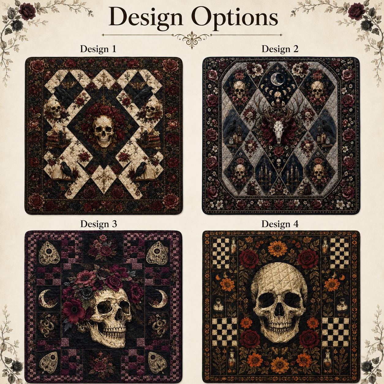 Gothic Skull Quilted Blanket – Dark Rose Patchwork Quilt and Raven Halloween Bedding for Witchy Gothic Home Decor - photo 6
