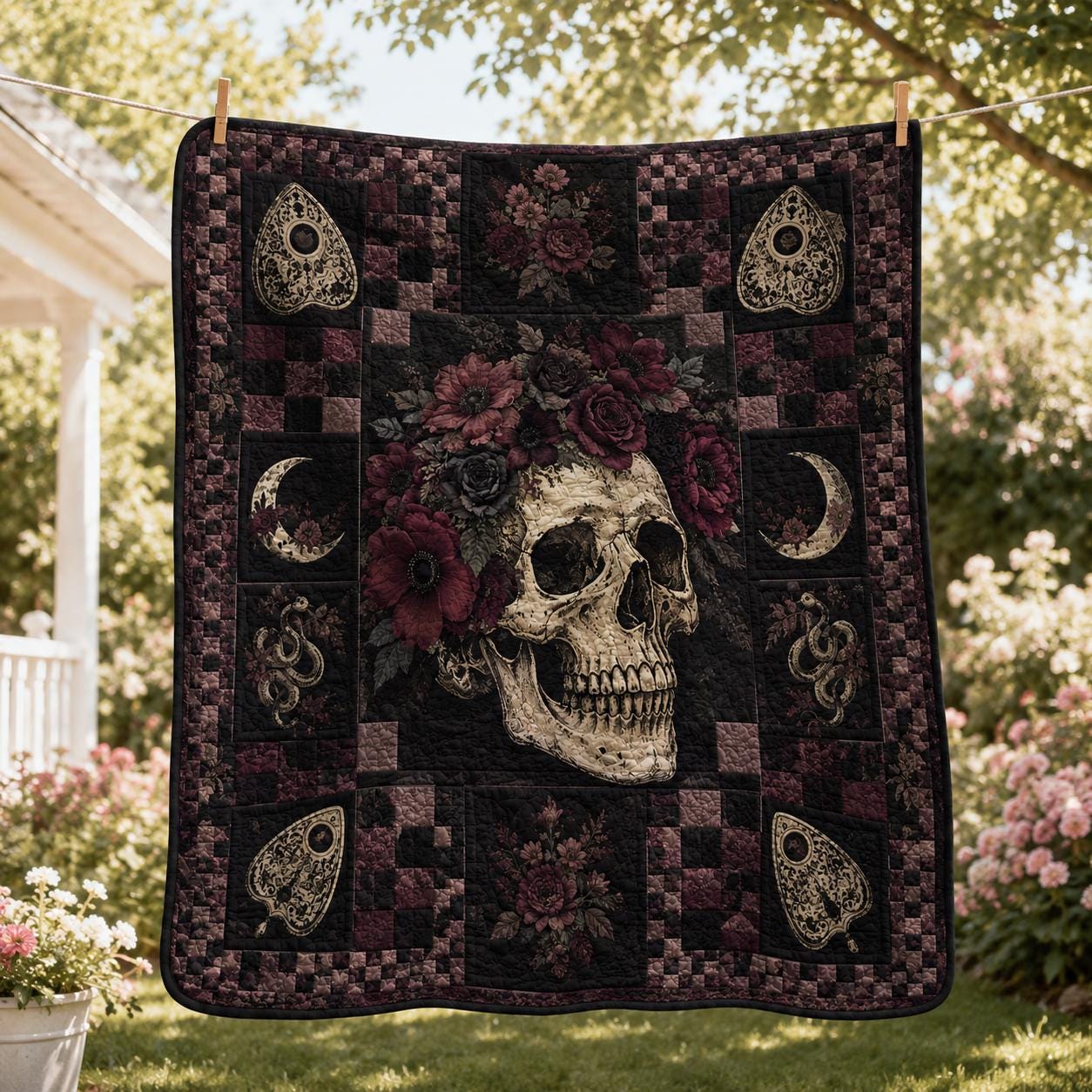Gothic Skull Quilted Blanket – Dark Rose Patchwork Quilt and Raven Halloween Bedding for Witchy Gothic Home Decor - photo 9