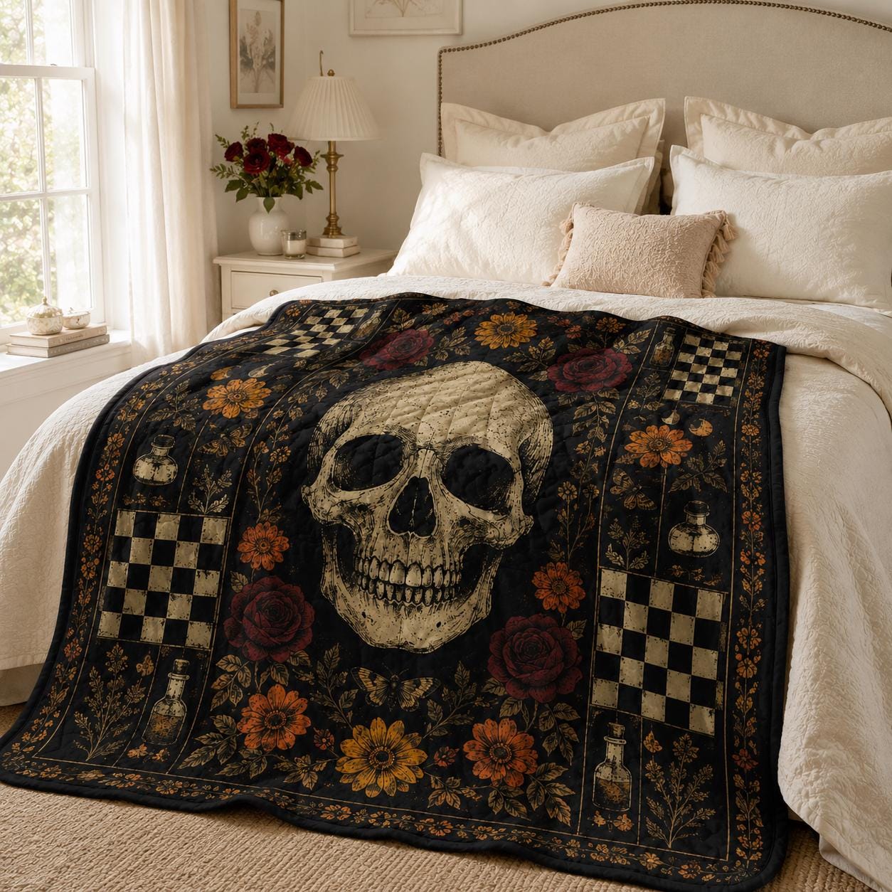 Gothic Skull Quilted Blanket – Dark Rose Patchwork Quilt and Raven Halloween Bedding for Witchy Gothic Home Decor - photo 10