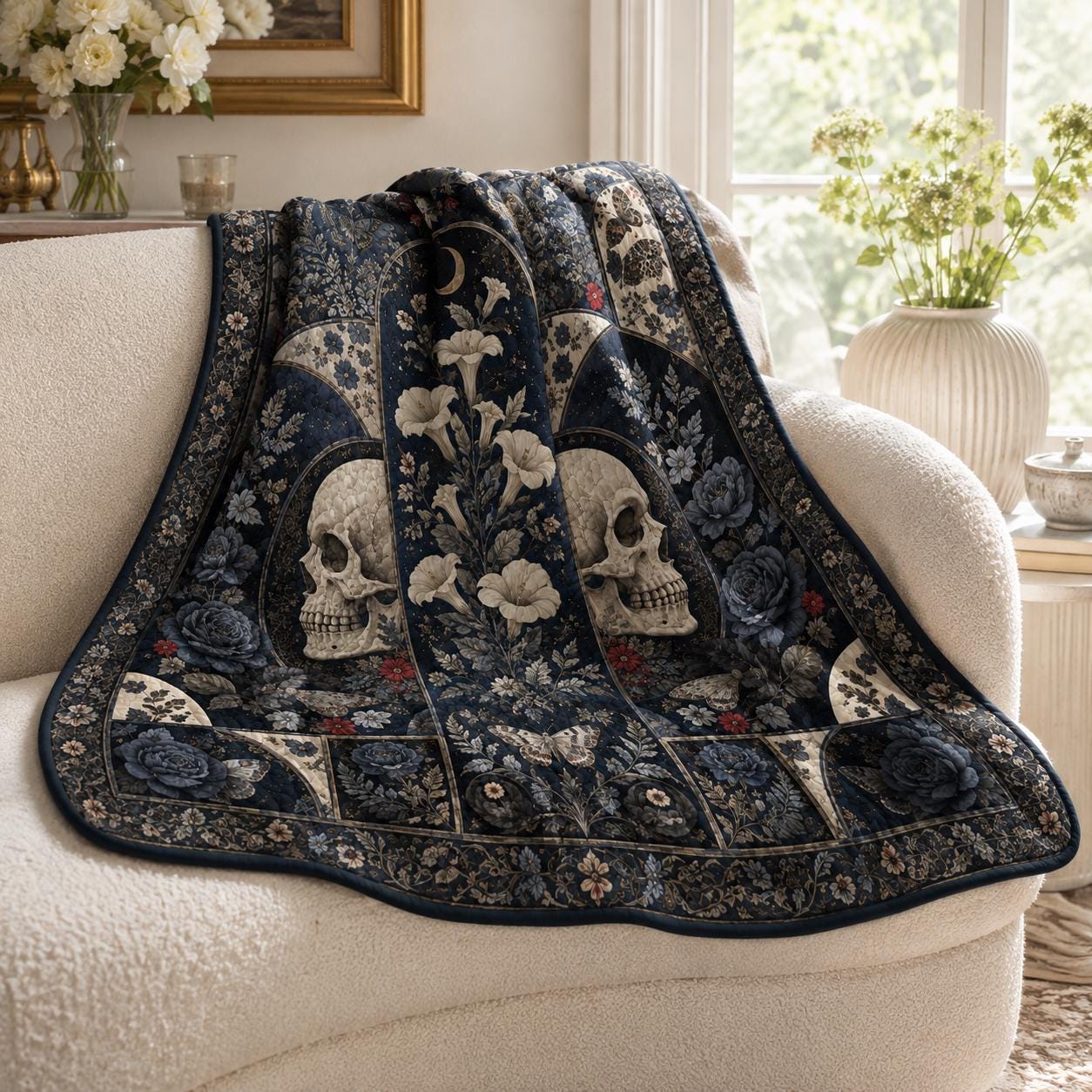 Gothic Skull Quilted Blanket – Dark Rose Patchwork Quilt and Raven Halloween Bedding for Witchy Gothic Home Decor - photo 11