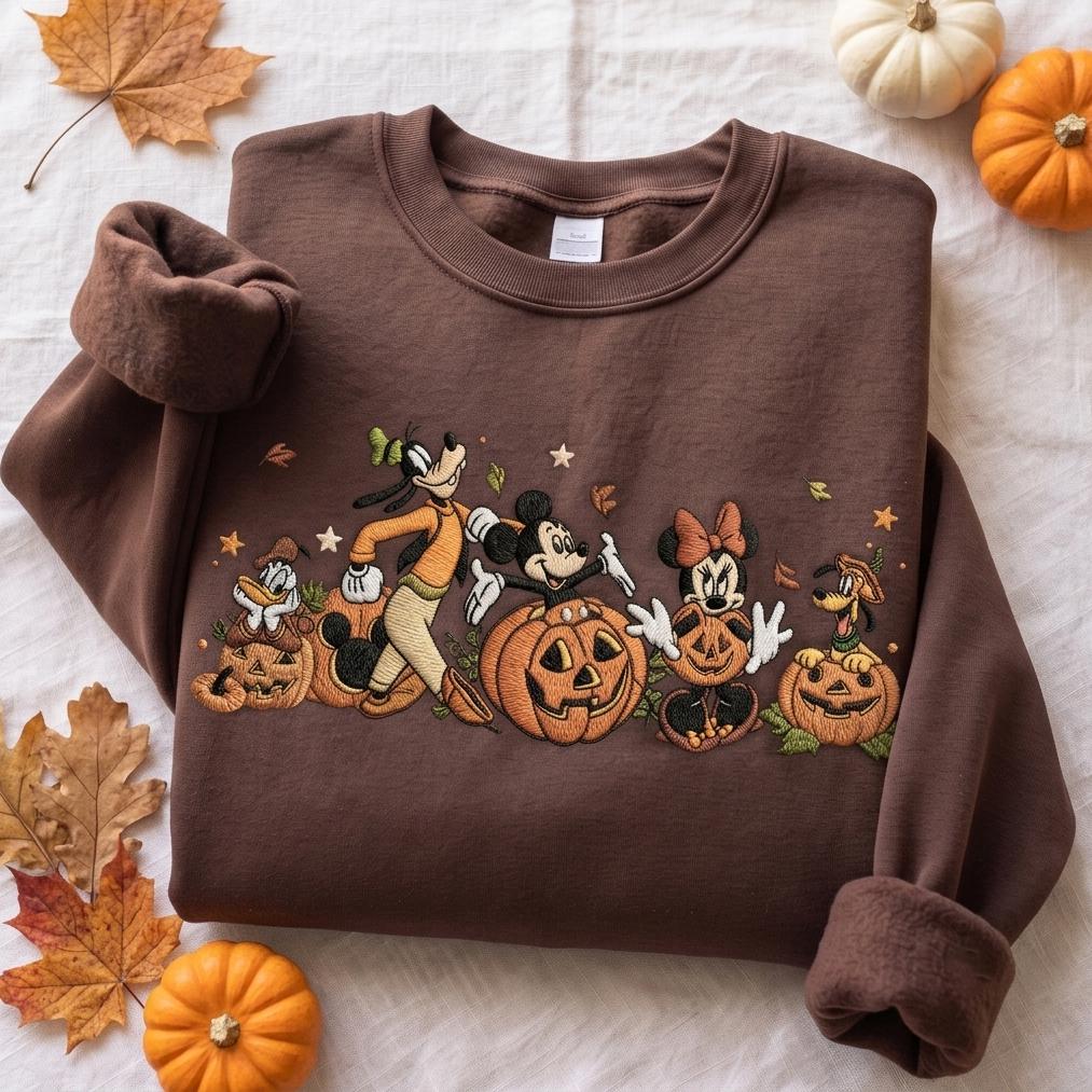 Embroidered Mickey and Friends Autumn Pumpkin Sweatshirt with Fall Vibes Quarter Zip and T-Shirt for Disney Halloween Trip