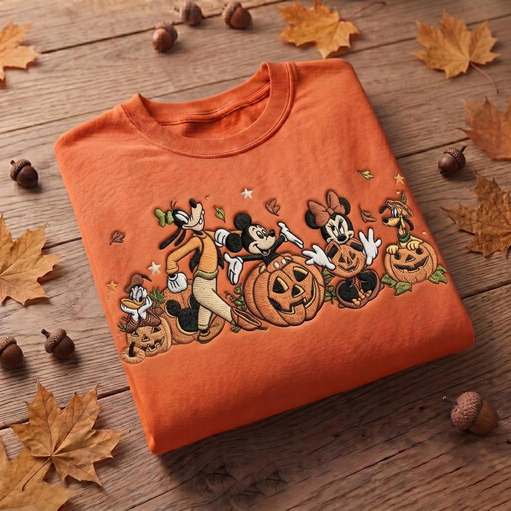 Embroidered Mickey and Friends Autumn Pumpkin Sweatshirt with Fall Vibes Quarter Zip and T-Shirt for Disney Halloween Trip - photo 4