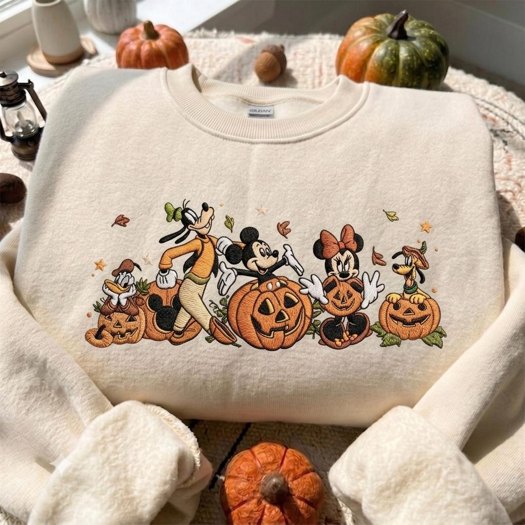Embroidered Mickey and Friends Autumn Pumpkin Sweatshirt with Fall Vibes Quarter Zip and T-Shirt for Disney Halloween Trip - photo 8
