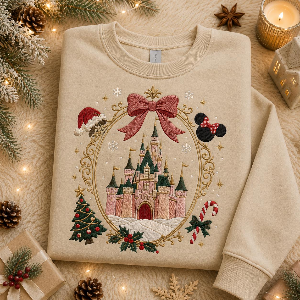 Embroidered Magical Land Coquette Christmas Castle Sweatshirt Crewneck – Cute Disney Christmas Shirt for Holiday Trip Gift - photo 1