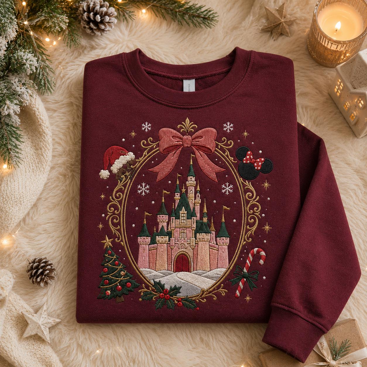 Embroidered Magical Land Coquette Christmas Castle Sweatshirt Crewneck – Cute Disney Christmas Shirt for Holiday Trip Gift - photo 3