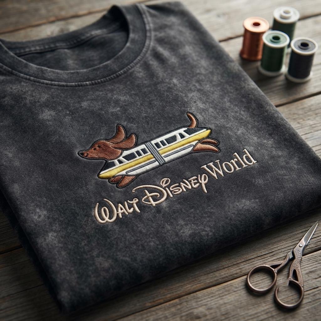Embroidered Dachshund Monorail Washed Tee – Wiener Dog Walt Disney World Inspired Shirt for a Disney Park Outfit