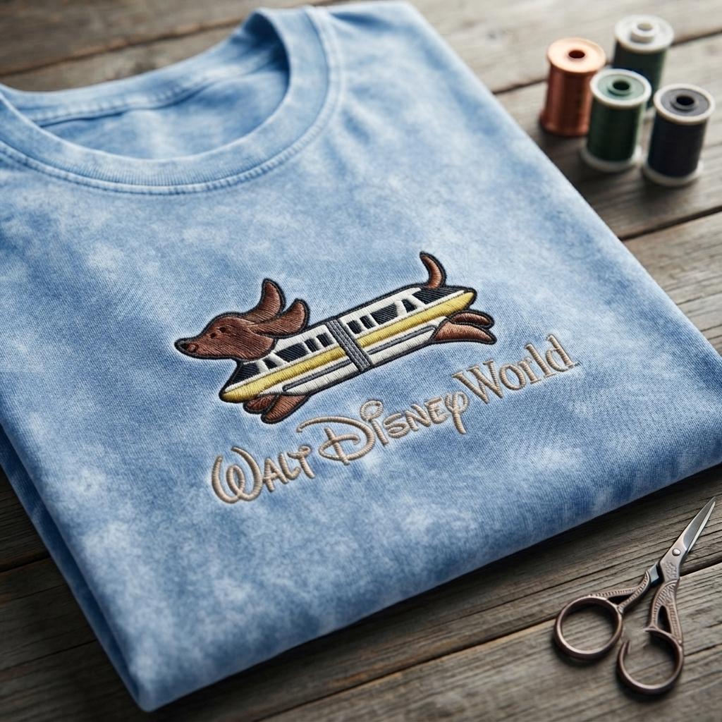 Embroidered Dachshund Monorail Washed Tee – Wiener Dog Walt Disney World Inspired Shirt for a Disney Park Outfit - photo 2