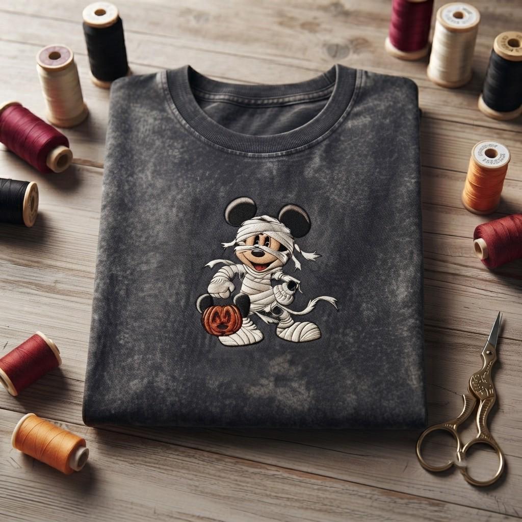Embroidered Mickey Mummy Halloween Washed T-Shirt – Cute Spooky Vintage Disneyland Vacation Mickey Shirt