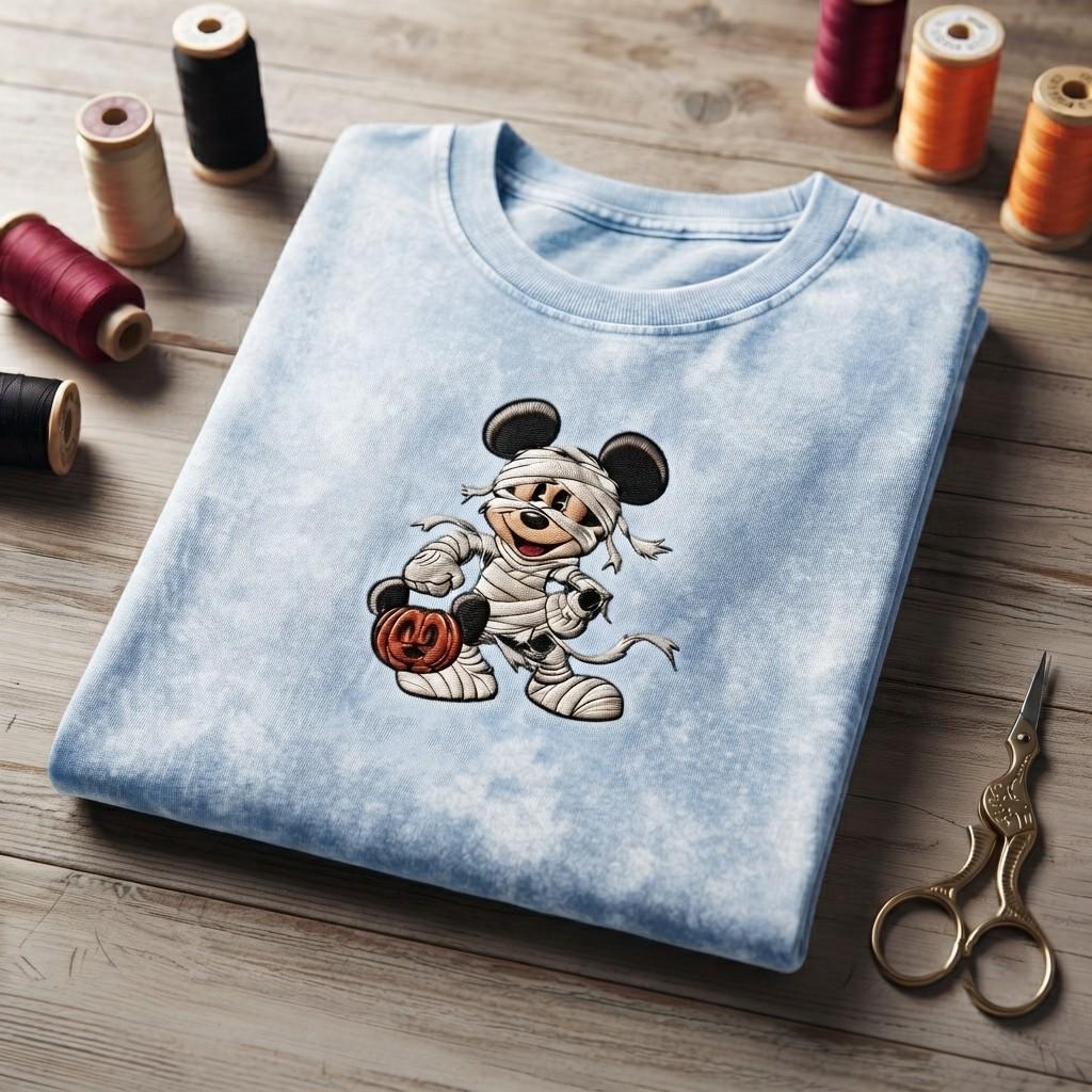 Embroidered Mickey Mummy Halloween Washed T-Shirt – Cute Spooky Vintage Disneyland Vacation Mickey Shirt - photo 2