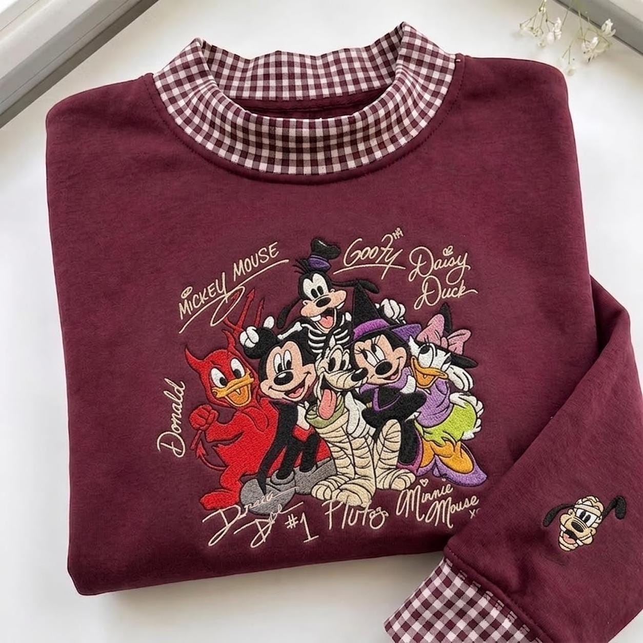 Vintage Embroidered Halloween Sweatshirt with Spooky Mickey Mouse and Friends Plaid Trim Fall Crewneck for Retro Theme Park Trip