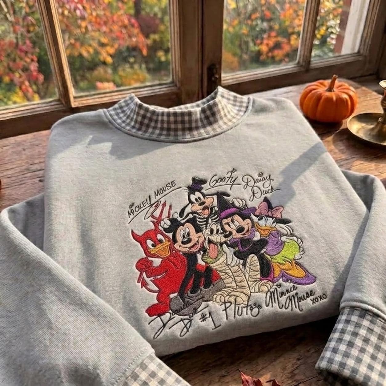 Vintage Embroidered Halloween Sweatshirt with Spooky Mickey Mouse and Friends Plaid Trim Fall Crewneck for Retro Theme Park Trip - photo 2