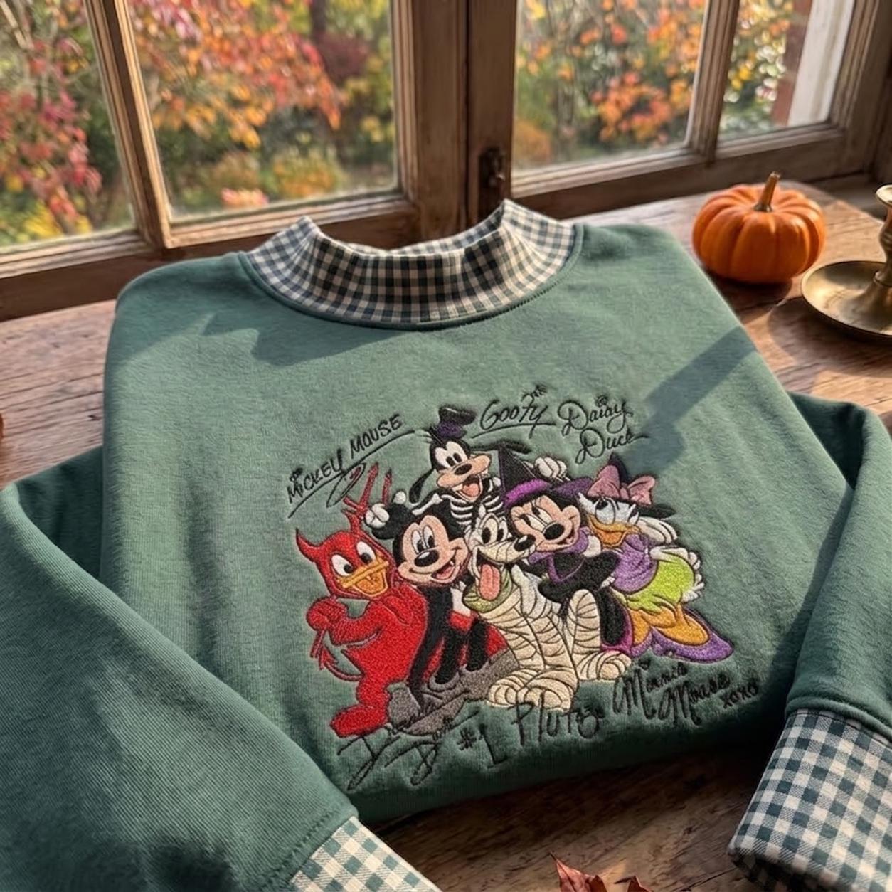 Vintage Embroidered Halloween Sweatshirt with Spooky Mickey Mouse and Friends Plaid Trim Fall Crewneck for Retro Theme Park Trip - photo 3