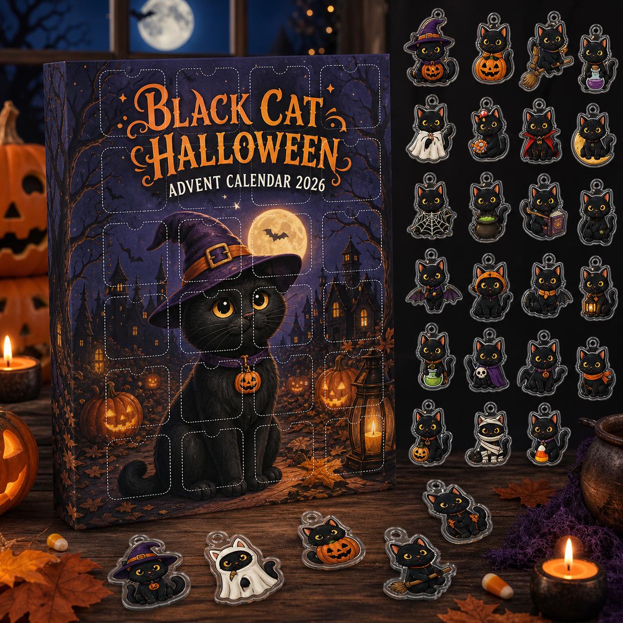 Black Cat Halloween Advent Calendar 2026 – Spooky Witch Cat Countdown Blind Box with Pumpkin and Ghost Keychain Gift