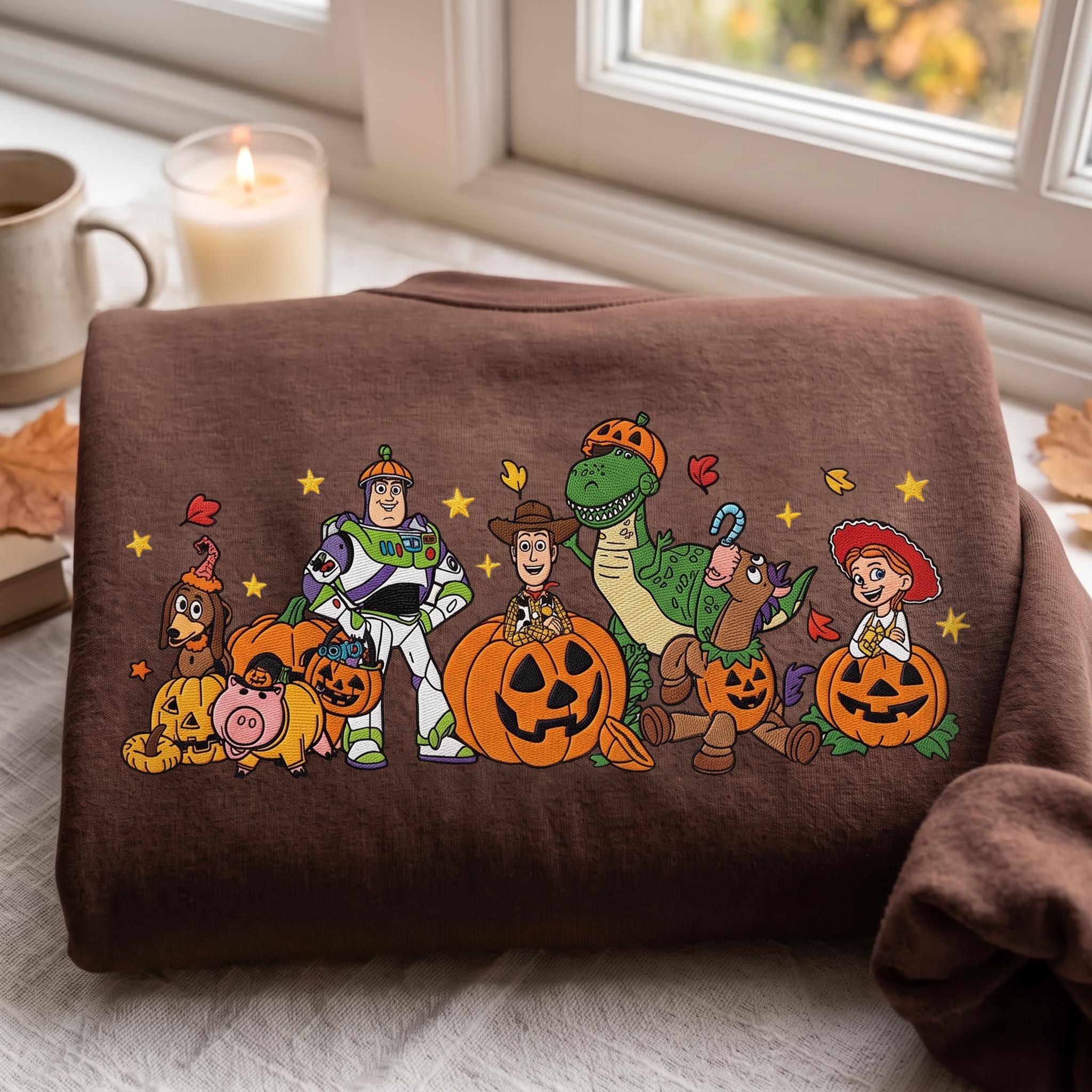 Embroidered Halloween Pumpkin Toy Story Sweatshirt Hoodie with Buzz Woody and Jessie – Disney Pixar Quarter Zip Spooky Toy Friends Tee - photo 2