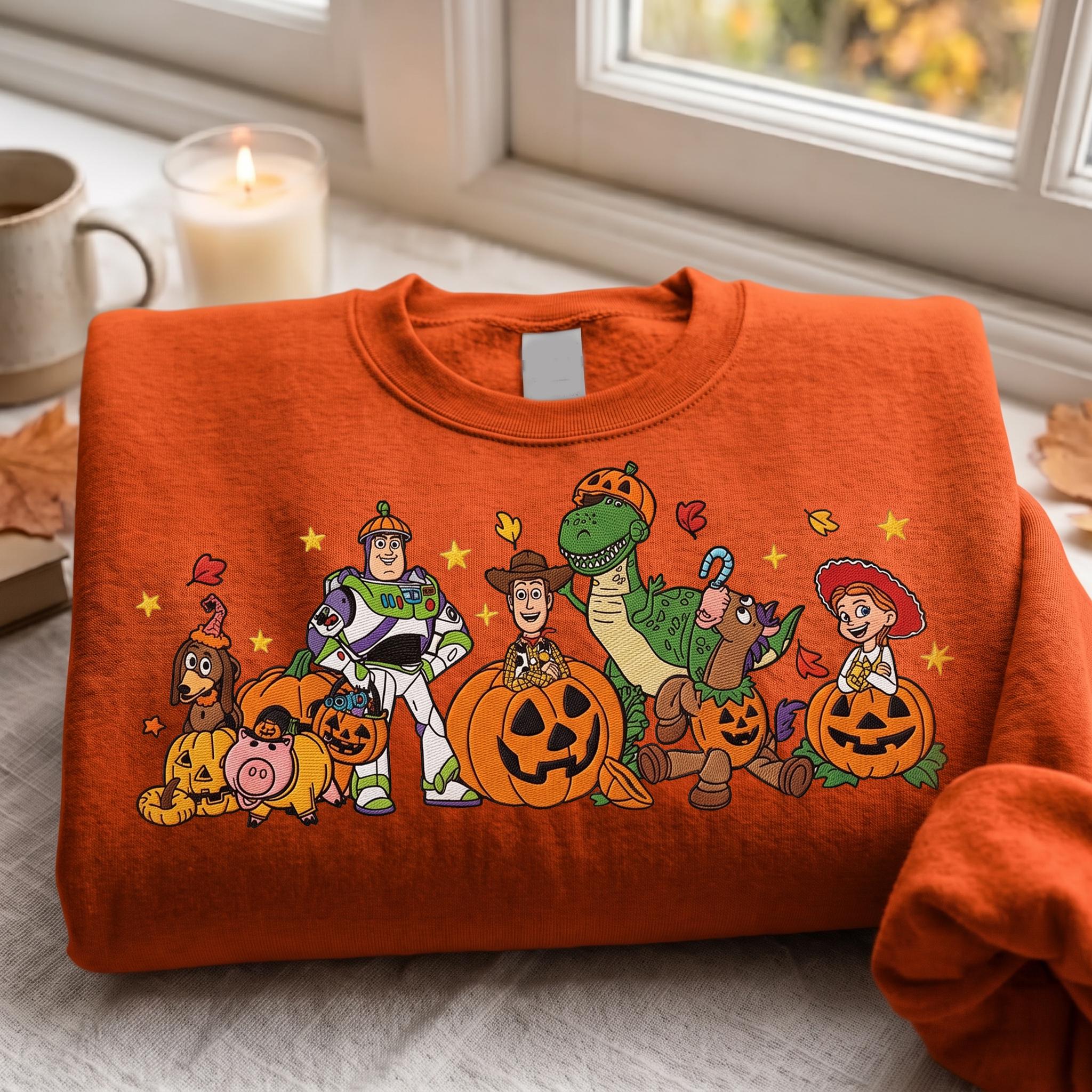 Embroidered Halloween Pumpkin Toy Story Sweatshirt Hoodie with Buzz Woody and Jessie – Disney Pixar Quarter Zip Spooky Toy Friends Tee - photo 3