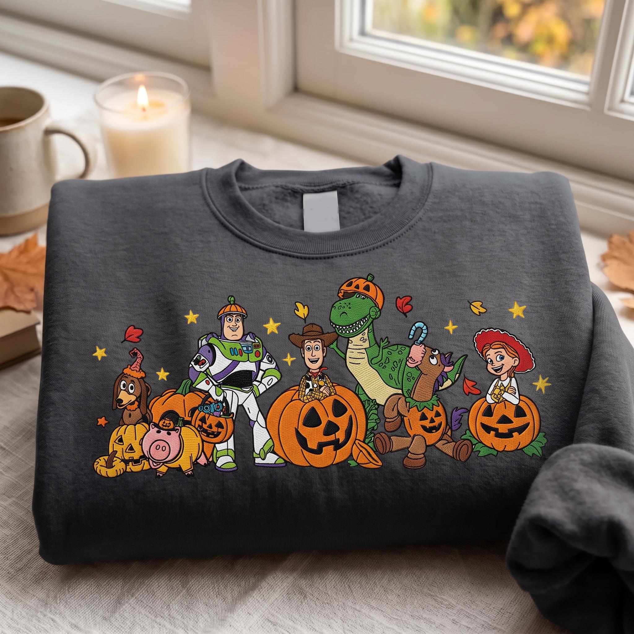 Embroidered Halloween Pumpkin Toy Story Sweatshirt Hoodie with Buzz Woody and Jessie – Disney Pixar Quarter Zip Spooky Toy Friends Tee - photo 5