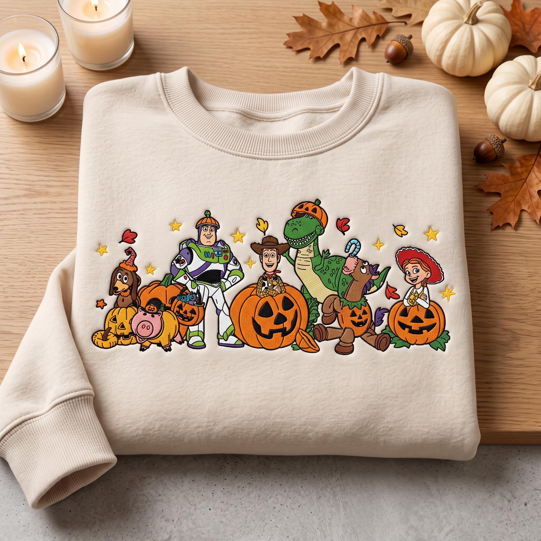 Embroidered Halloween Pumpkin Toy Story Sweatshirt Hoodie with Buzz Woody and Jessie – Disney Pixar Quarter Zip Spooky Toy Friends Tee - photo 6