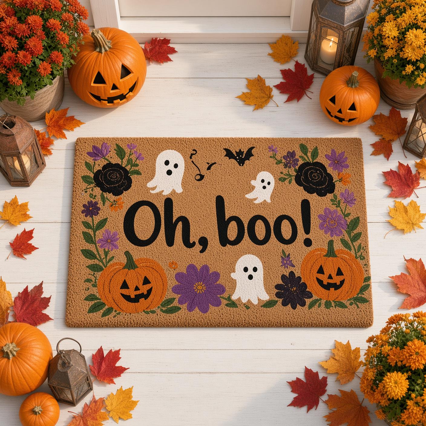 Doormat – Oh Boo Cute Ghost Pumpkin Floral Welcome Mat for Whimsical Spooky Front Porch Decor and Halloween Door