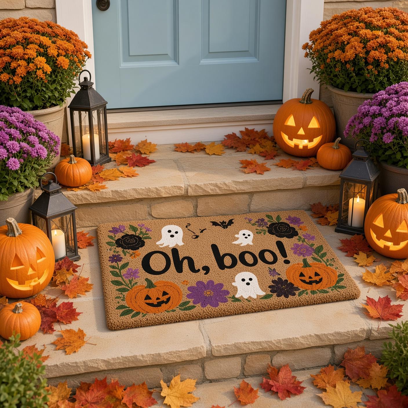 Doormat – Oh Boo Cute Ghost Pumpkin Floral Welcome Mat for Whimsical Spooky Front Porch Decor and Halloween Door - photo 2