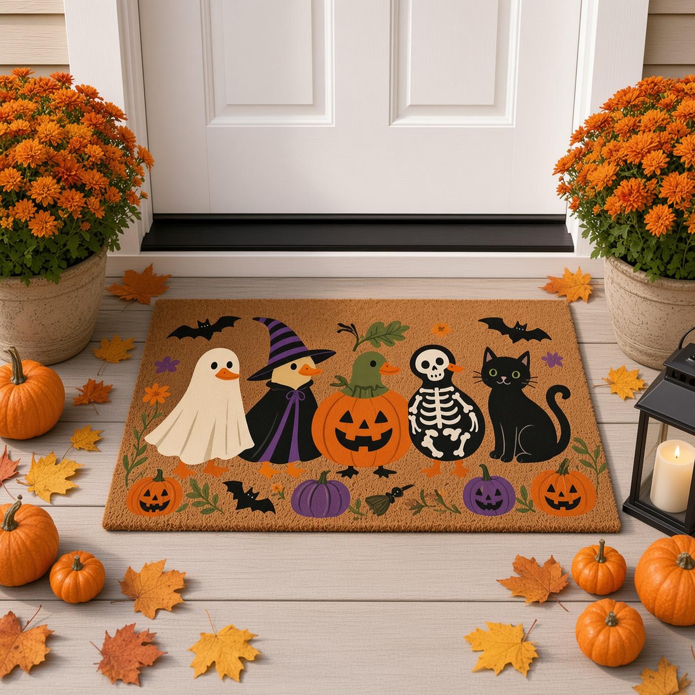 Cute Spooky Animal Halloween Duck Doormat – Ghost Witch Pumpkin and Skeleton Duck Welcome Mat for Fall Front Door Porch Decor