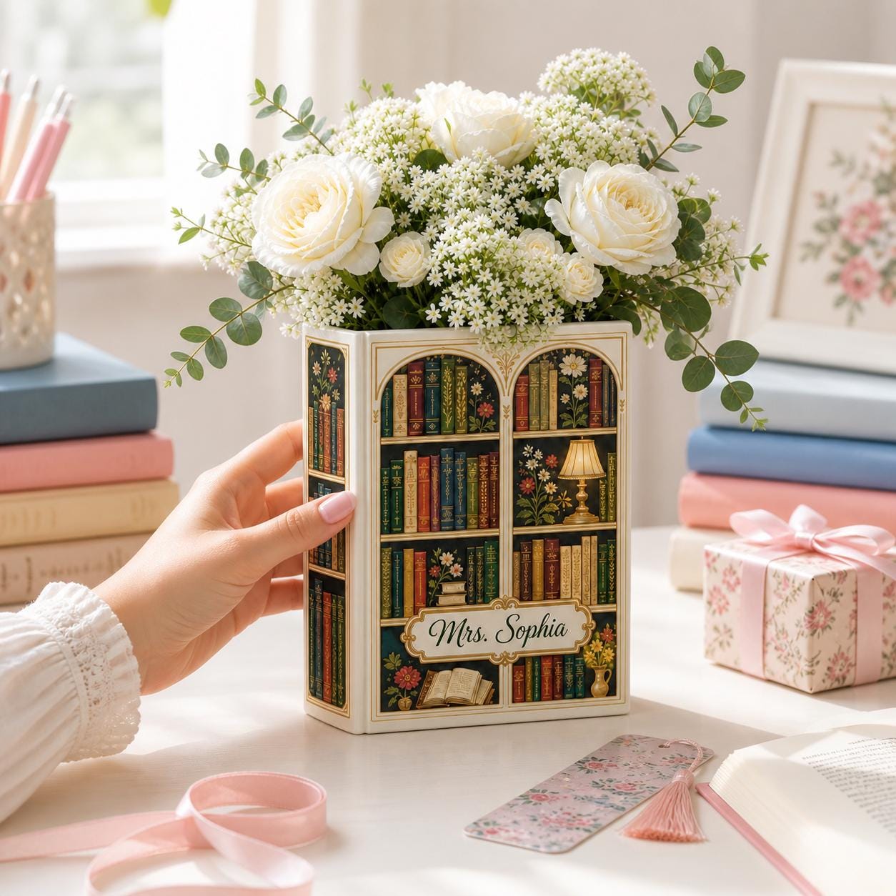 Personalized Book Vase – Custom Name Floral Book Decor and Book Lover Gift for Literary Home Decor, Library Room Decoration, Teacher Gift - photo 2