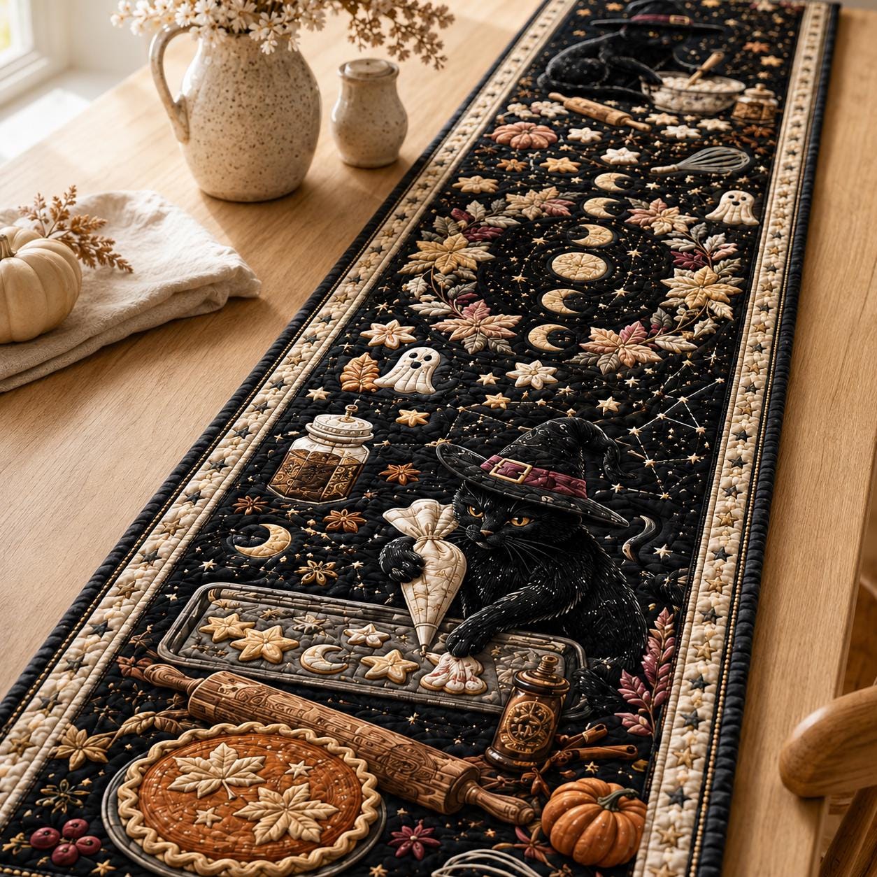 Witchy Quilted Table Runner – Celestial Moon Botanical Decor and Mystical Halloween Dining Runner for Gothic Cottage Table Decor