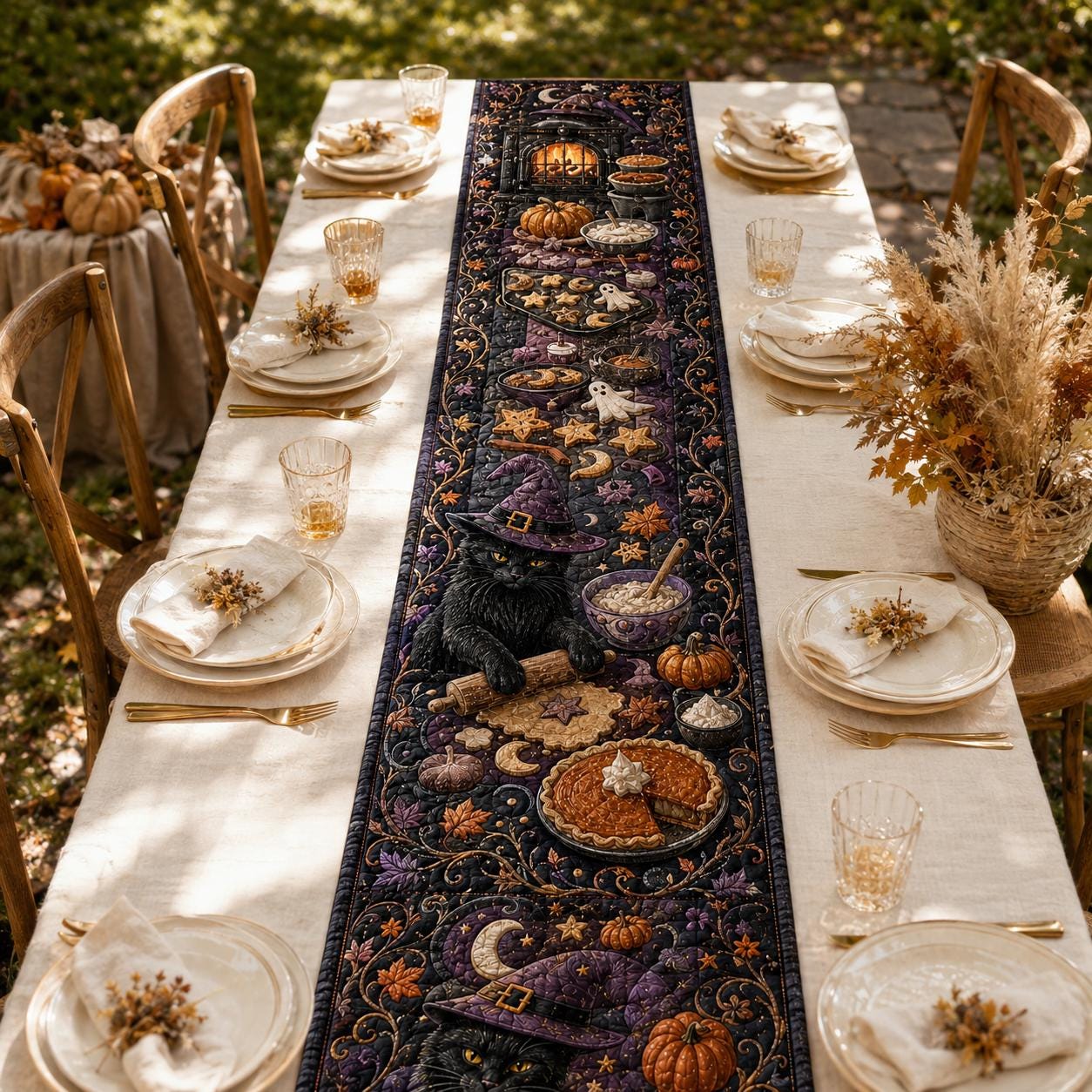 Witchy Quilted Table Runner – Celestial Moon Botanical Decor and Mystical Halloween Dining Runner for Gothic Cottage Table Decor - photo 2