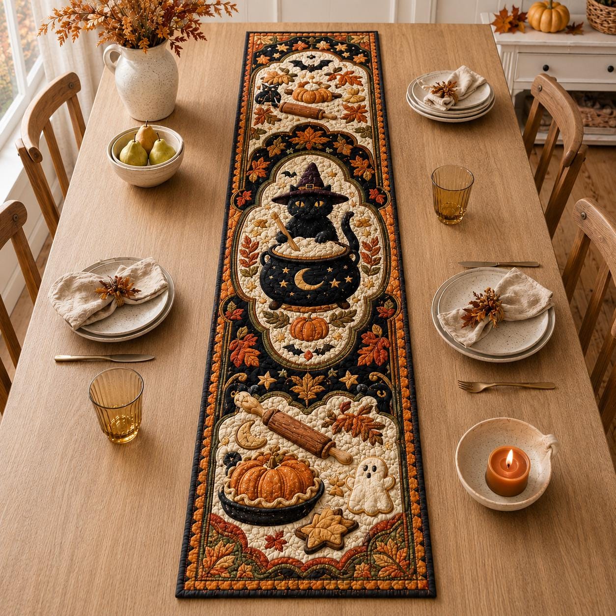 Witchy Quilted Table Runner – Celestial Moon Botanical Decor and Mystical Halloween Dining Runner for Gothic Cottage Table Decor - photo 3