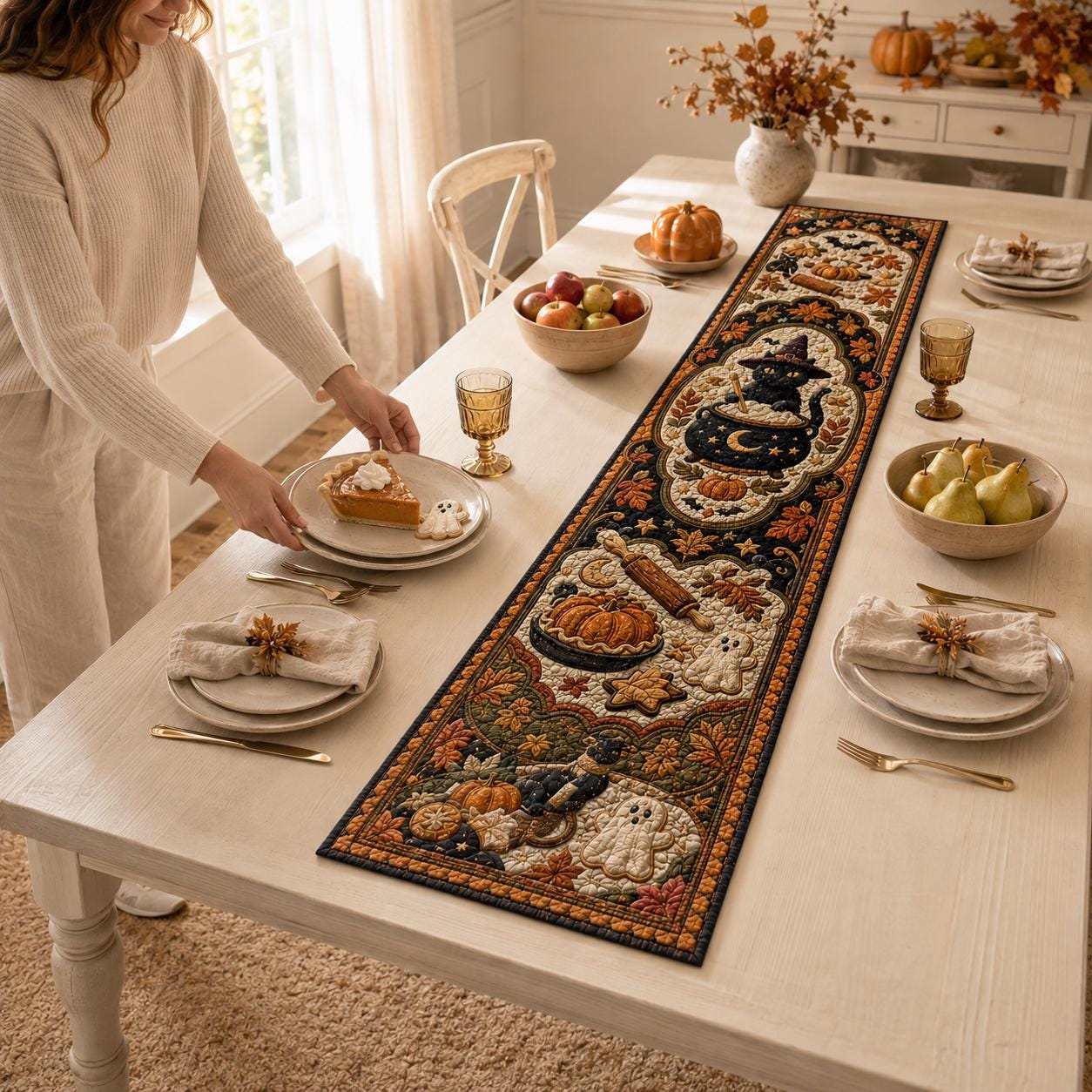 Witchy Quilted Table Runner – Celestial Moon Botanical Decor and Mystical Halloween Dining Runner for Gothic Cottage Table Decor - photo 6