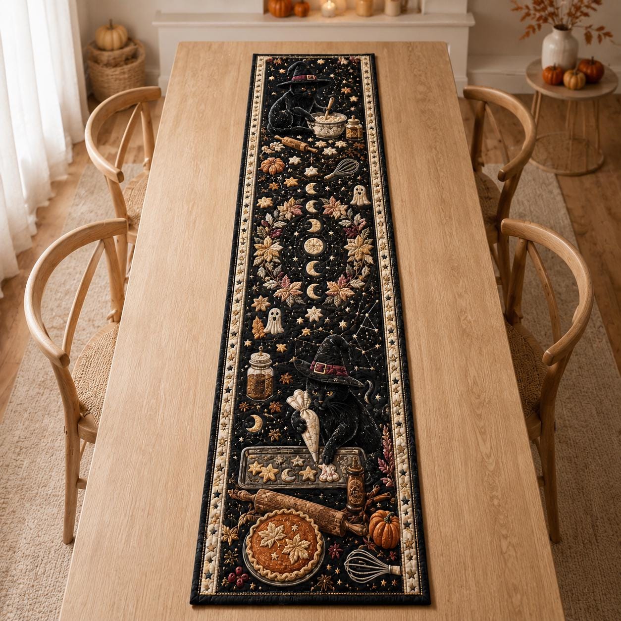Witchy Quilted Table Runner – Celestial Moon Botanical Decor and Mystical Halloween Dining Runner for Gothic Cottage Table Decor - photo 7