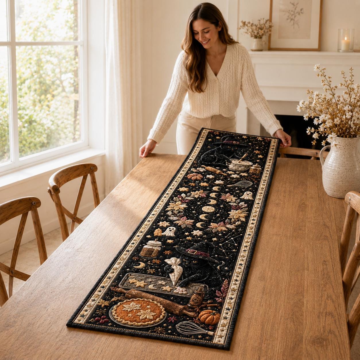Witchy Quilted Table Runner – Celestial Moon Botanical Decor and Mystical Halloween Dining Runner for Gothic Cottage Table Decor - photo 8