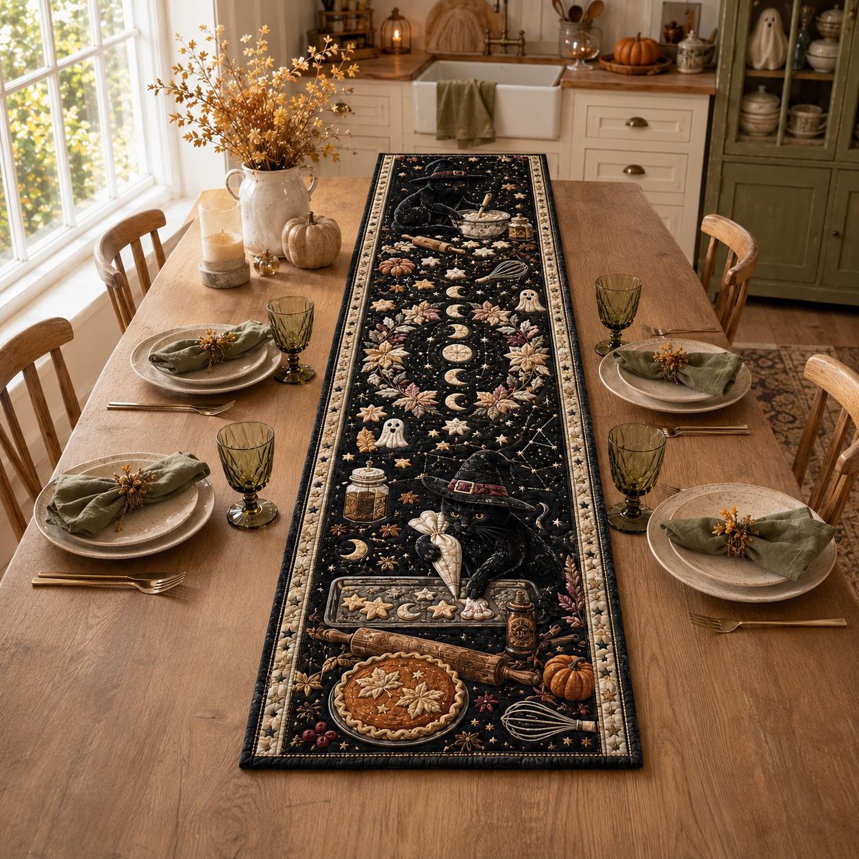 Witchy Quilted Table Runner – Celestial Moon Botanical Decor and Mystical Halloween Dining Runner for Gothic Cottage Table Decor - photo 9