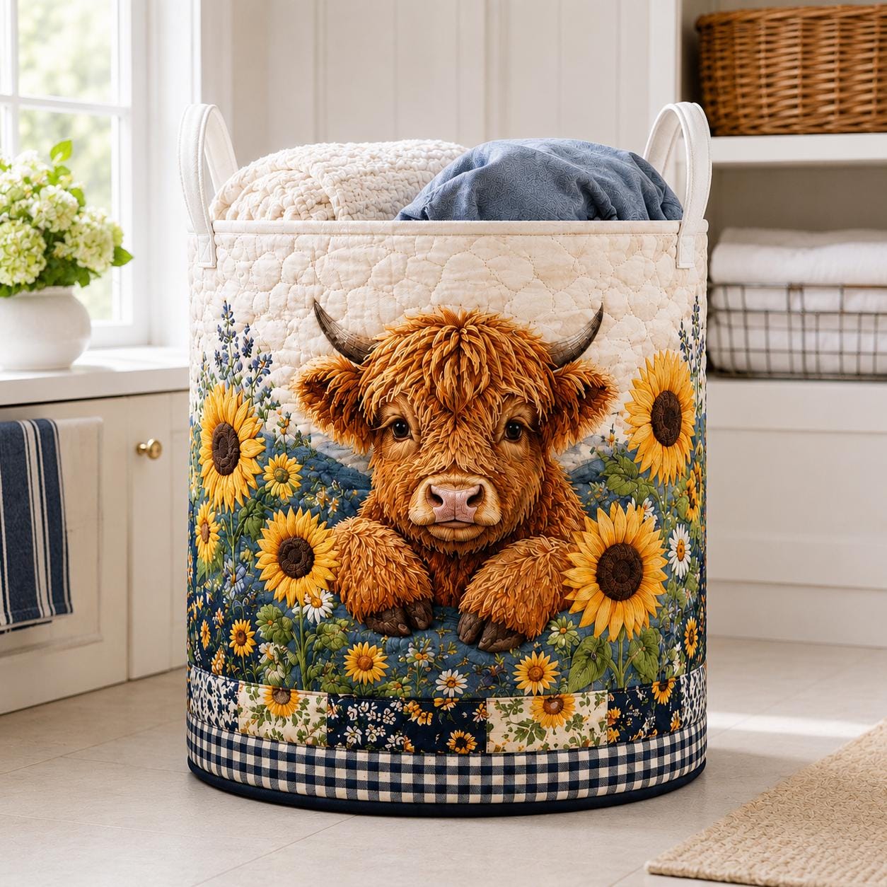 Highland Cow Quilted Laundry Basket with Sunflower Farmhouse Storage Hamper and Cow Laundry Organizer, Rustic Gift for Cow Lovers