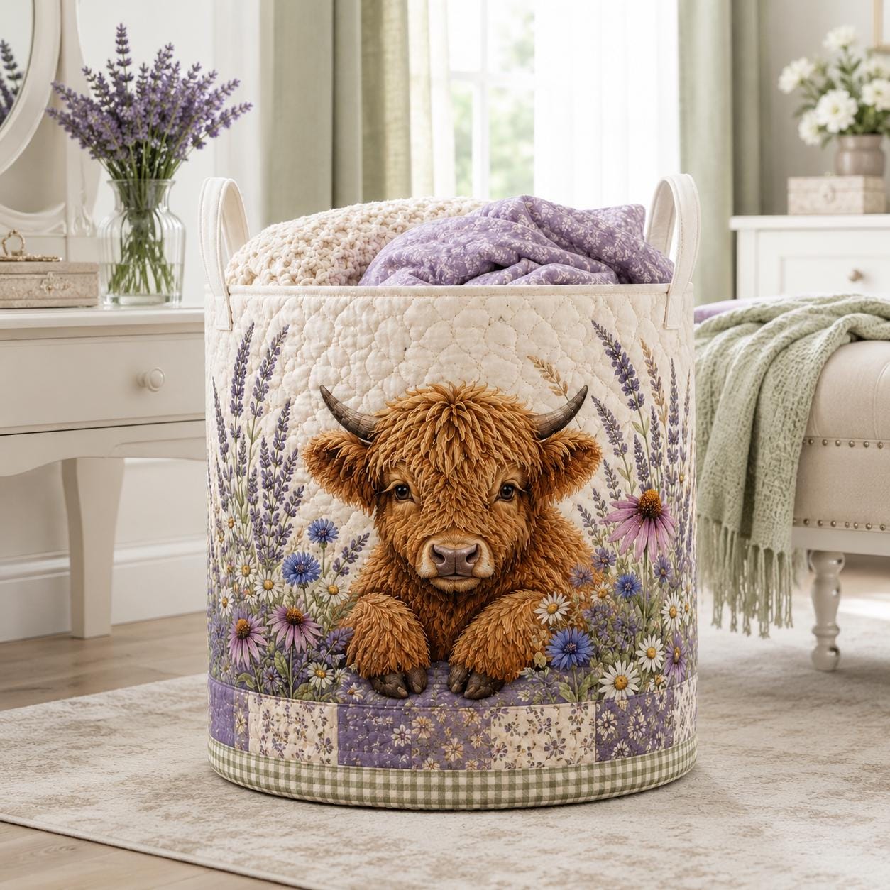 Highland Cow Quilted Laundry Basket with Sunflower Farmhouse Storage Hamper and Cow Laundry Organizer, Rustic Gift for Cow Lovers - photo 2