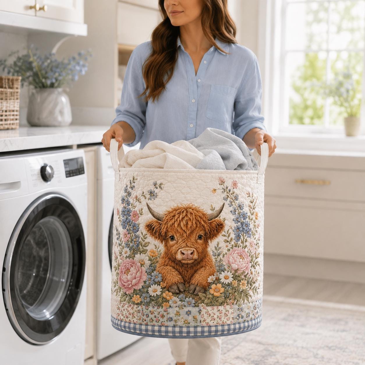 Highland Cow Quilted Laundry Basket with Sunflower Farmhouse Storage Hamper and Cow Laundry Organizer, Rustic Gift for Cow Lovers - photo 3
