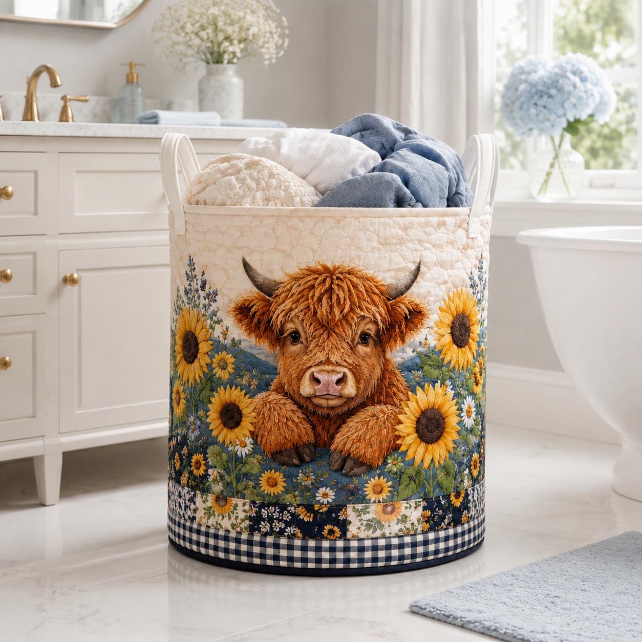 Highland Cow Quilted Laundry Basket with Sunflower Farmhouse Storage Hamper and Cow Laundry Organizer, Rustic Gift for Cow Lovers - photo 6