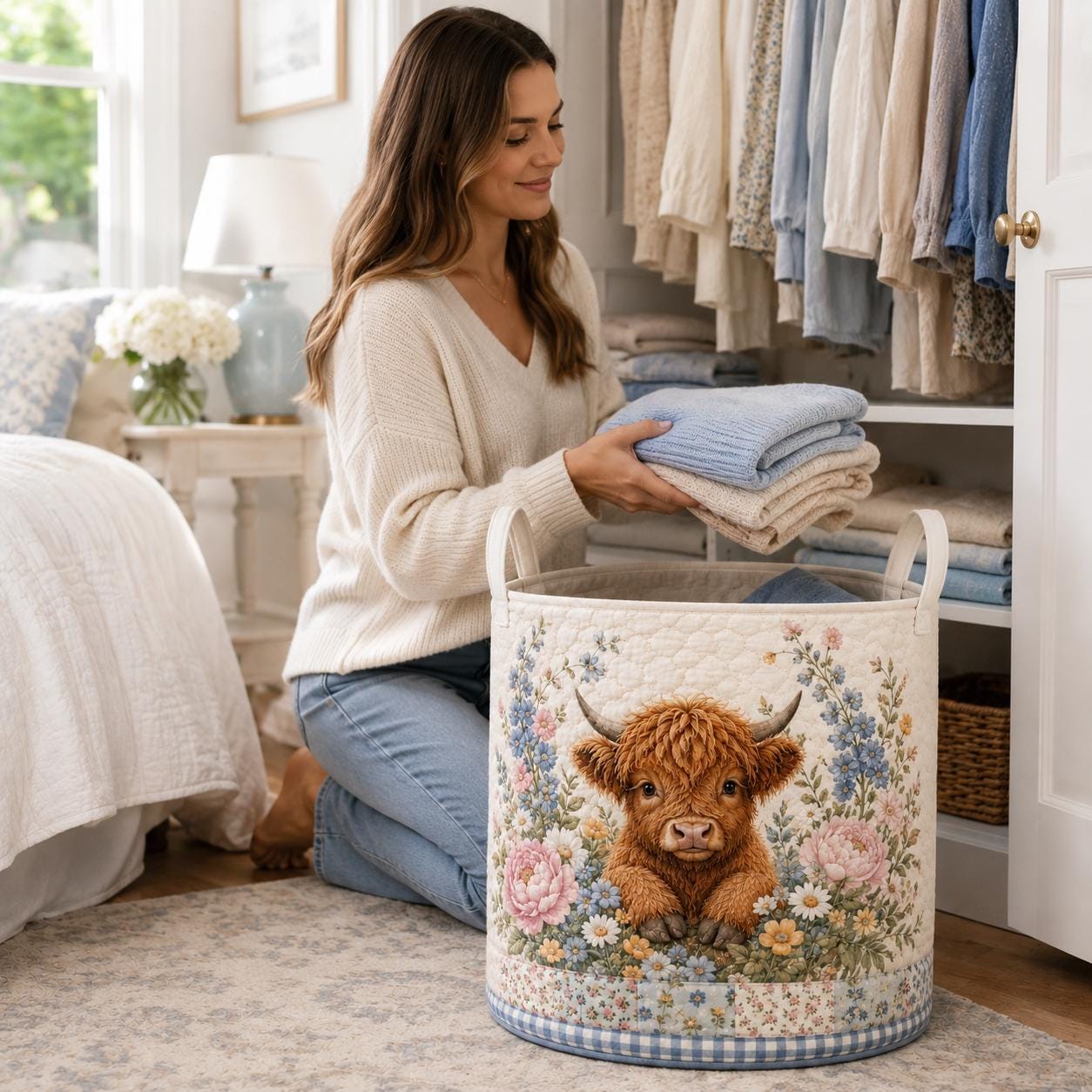 Highland Cow Quilted Laundry Basket with Sunflower Farmhouse Storage Hamper and Cow Laundry Organizer, Rustic Gift for Cow Lovers - photo 7