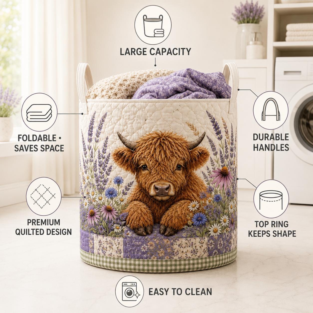 Highland Cow Quilted Laundry Basket with Sunflower Farmhouse Storage Hamper and Cow Laundry Organizer, Rustic Gift for Cow Lovers - photo 8