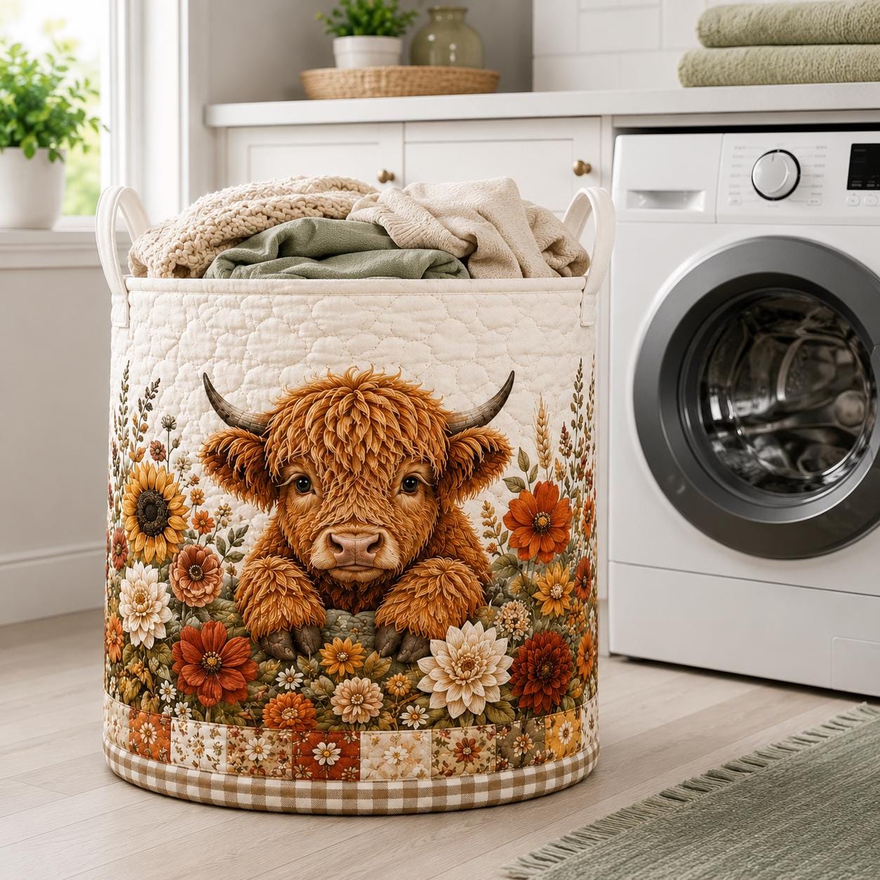 Highland Cow Quilted Laundry Basket with Sunflower Farmhouse Storage Hamper and Cow Laundry Organizer, Rustic Gift for Cow Lovers - photo 9