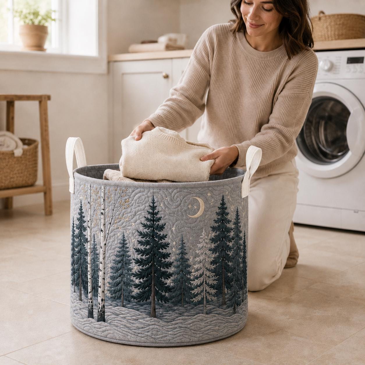 Laundry Basket and Storage Bin with Forest Woodland Quilt Style, Moon Pine Clothes Hamper for Rustic Cabin Bedroom Decor